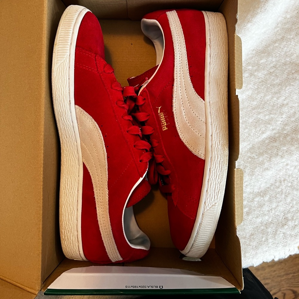 Puma suede classics+,size 10.5, red and white